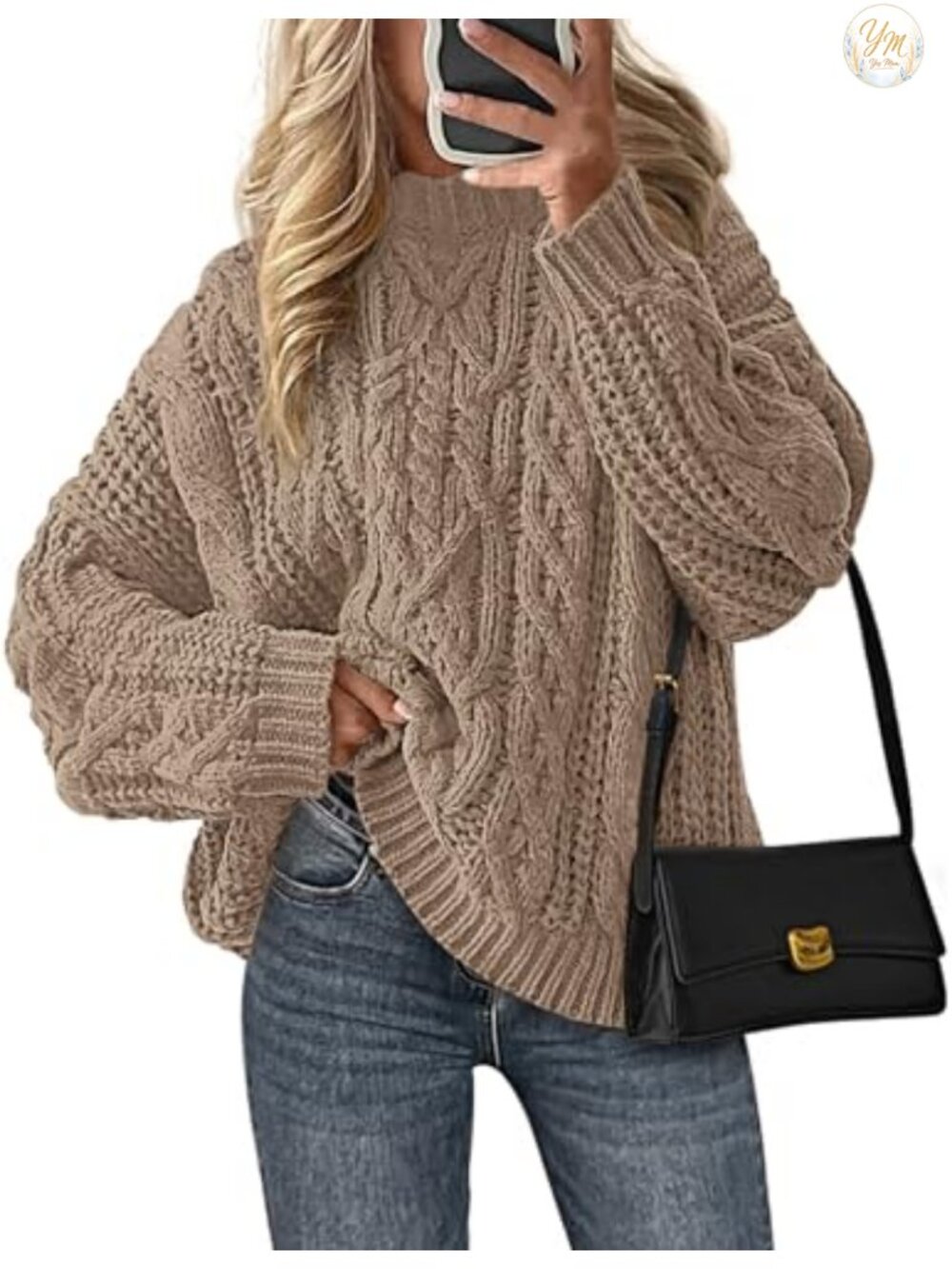 Women's Oversized Chunky Cable Knit Crew Neck Sweater with Ribbed Trim